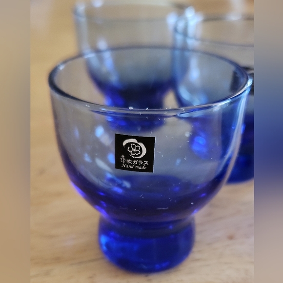 Japanese Handmade by Happy Sales Set of 5 Blue Glass Sake Cups 3oz. - Picture 3 of 9